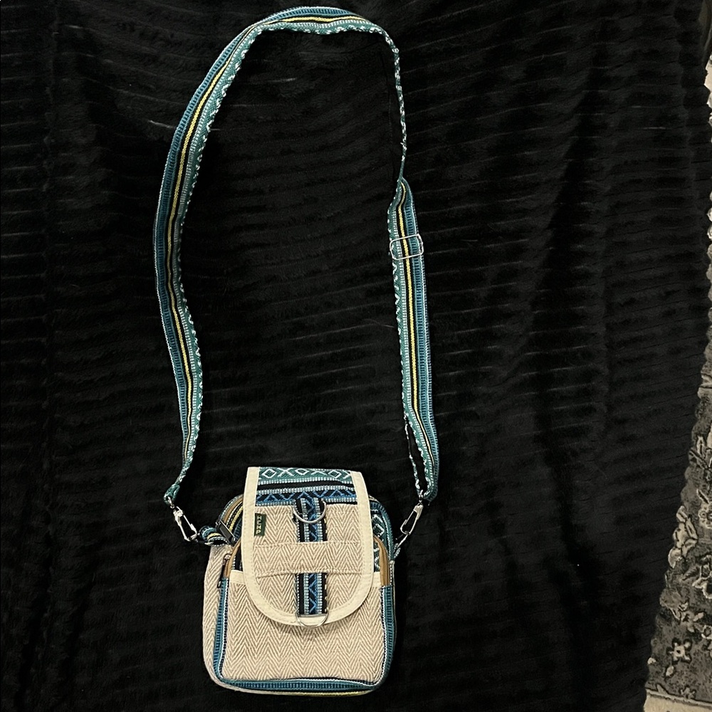 Stylish Blue and Cream Hemp Crossbody Bag